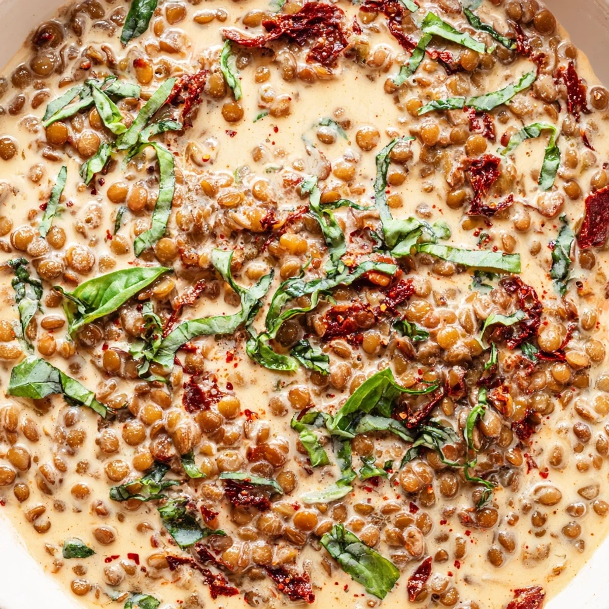 Steaming bowl of Marry Me Lentils with rich tomato cream and melted Parmesan