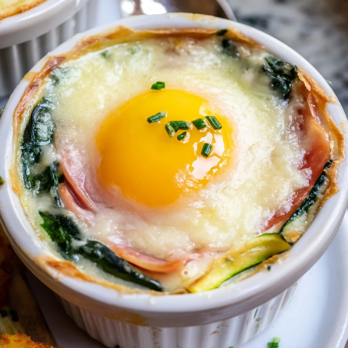 Golden baked eggs Napoleon with runny yolks nestled in creamy cheese sauce and layered vegetables