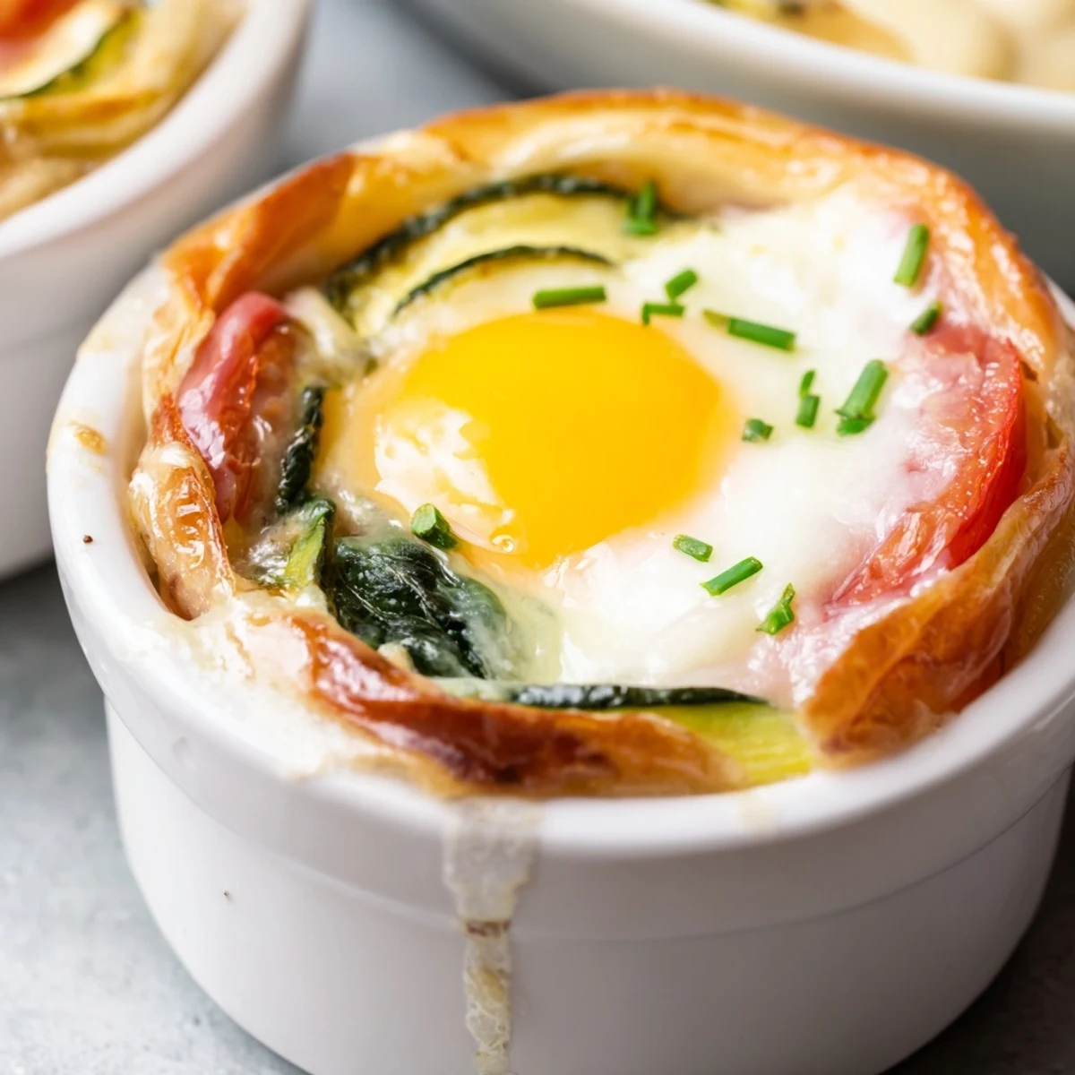 Baked eggs Napoleon served in ramekins over ham spinach and rich Gruyère sauce