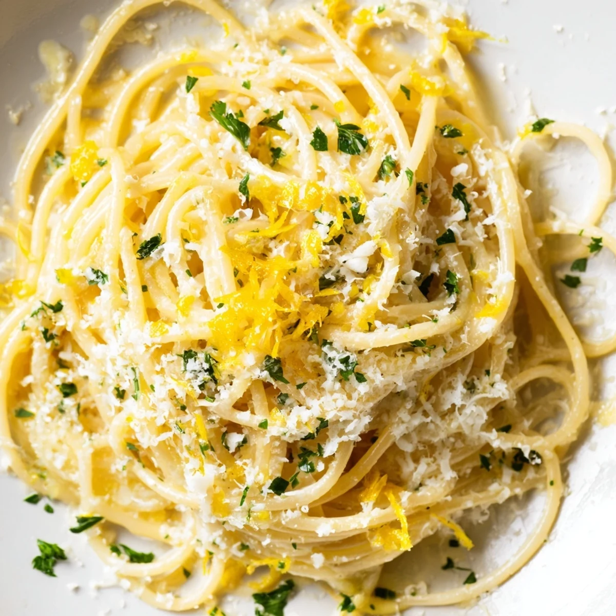 Creamy Parmesan lemon pasta twirled on a fork with fresh herb garnish and cracked black pepper