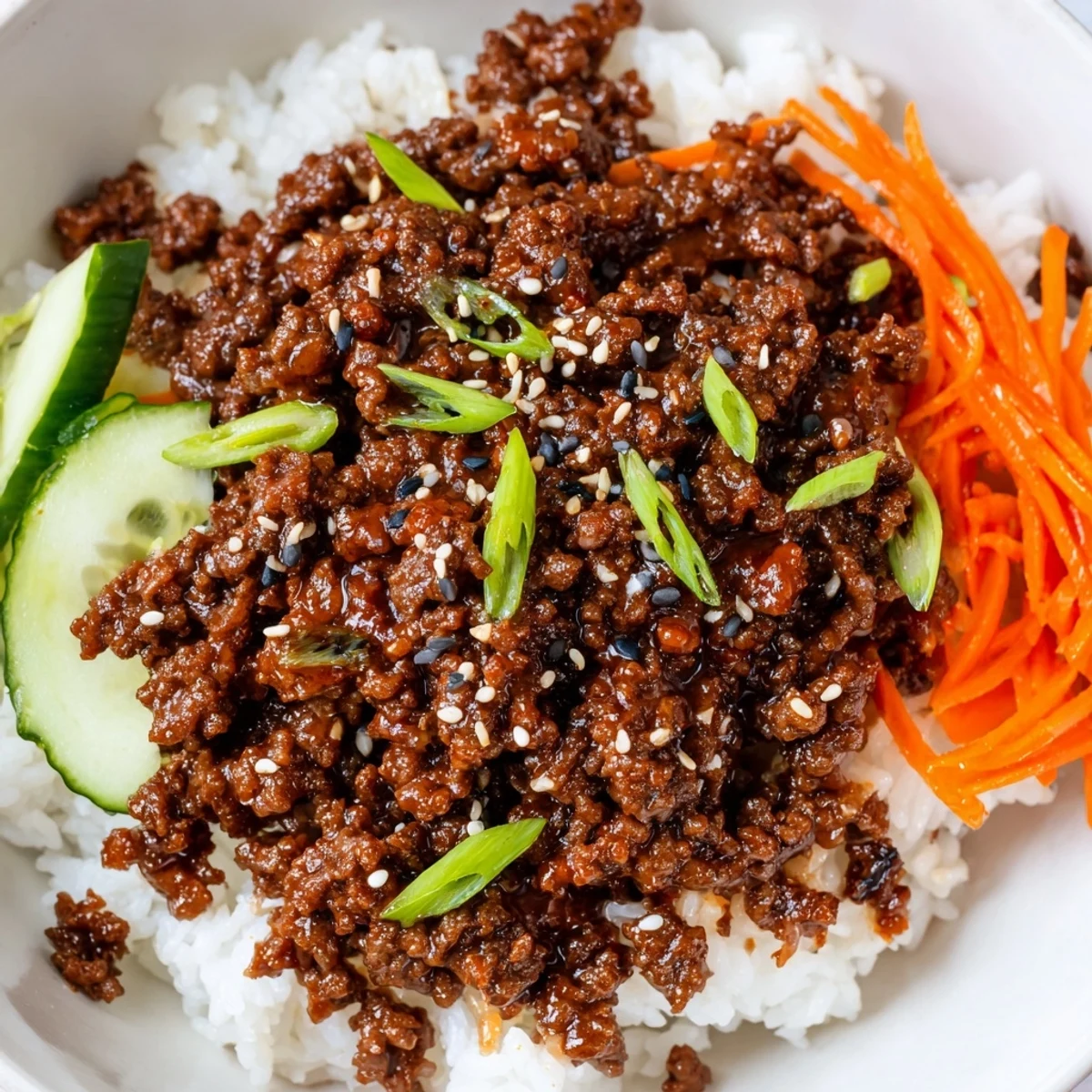 Korean beef bowls with caramelized ground beef steamed rice and fresh crunchy vegetables
