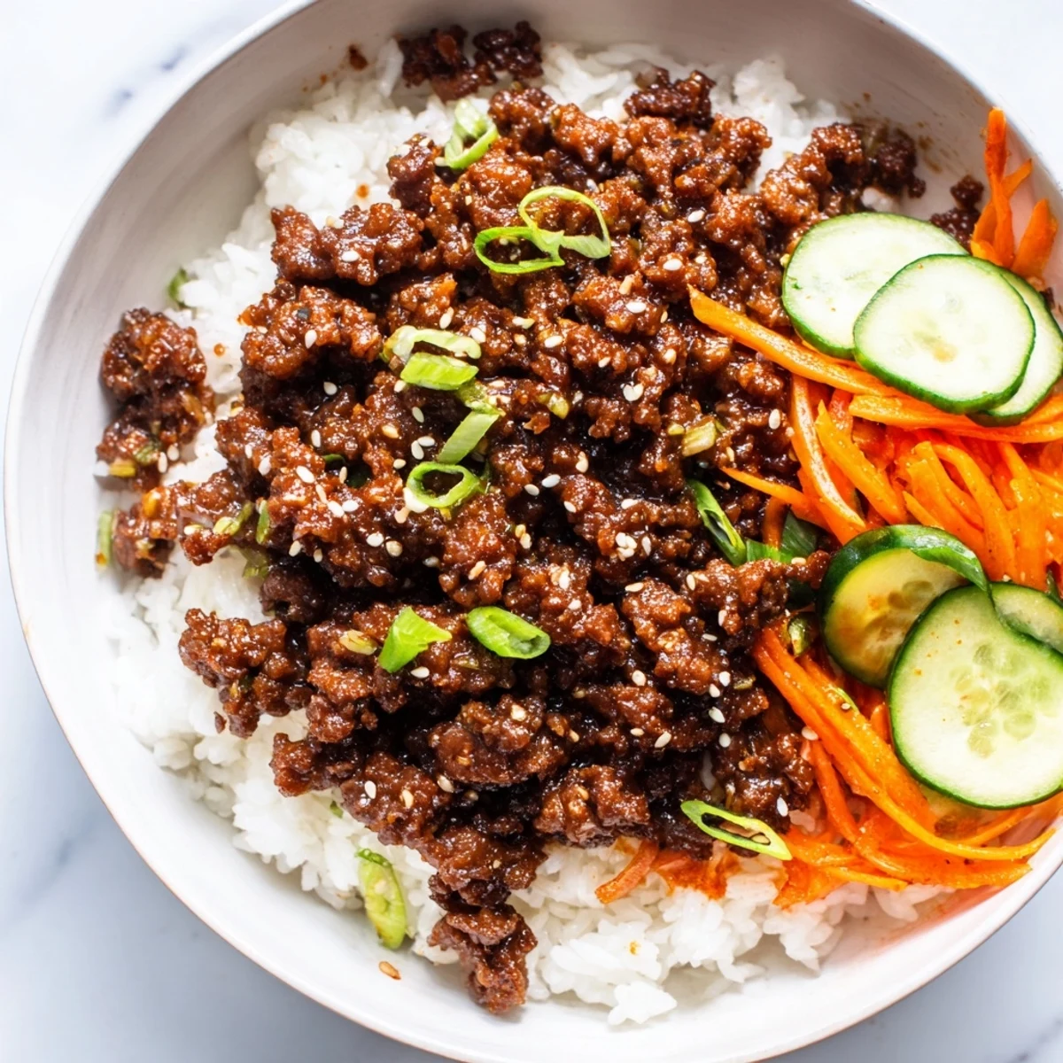 Savory Korean beef bowls topped with sesame seeds scallions and colorful crisp veggies