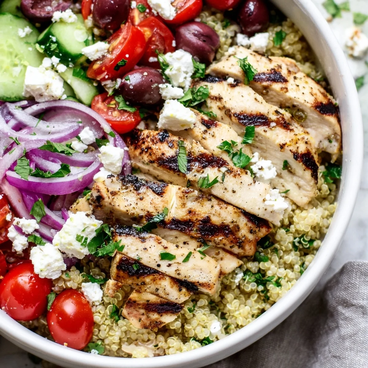 Mediterranean Chicken Quinoa Bowl topped with crumbled feta, olives, and bright cherry tomatoes