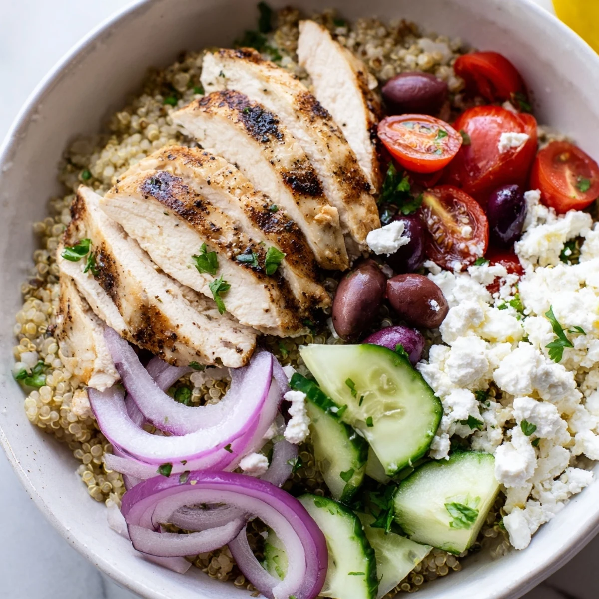 Grilled sliced chicken rests over fluffy quinoa with cucumber and zesty lemon dressing