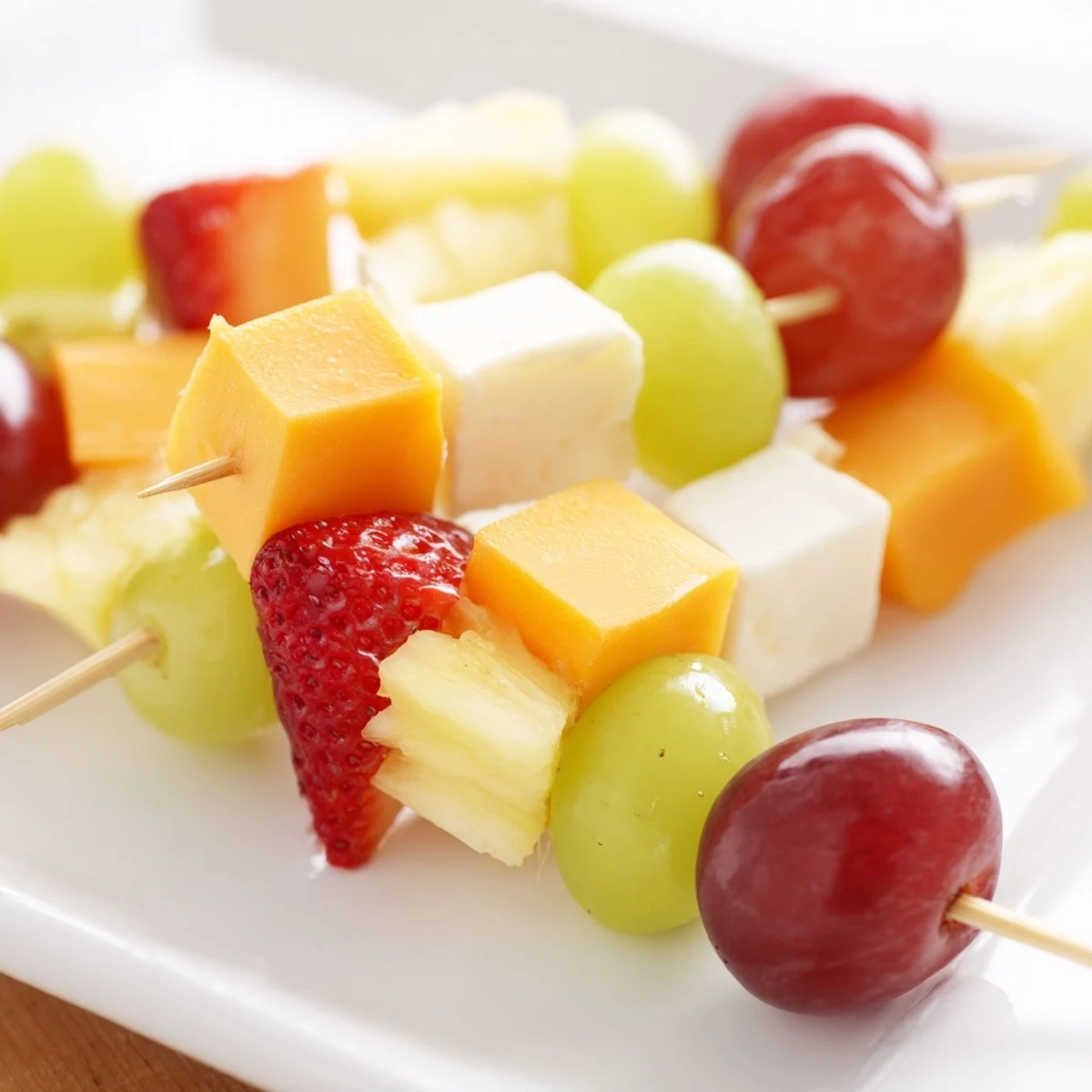 Fruit and cheese kabobs featuring red grapes strawberries pineapple and cubed cheddar cheese