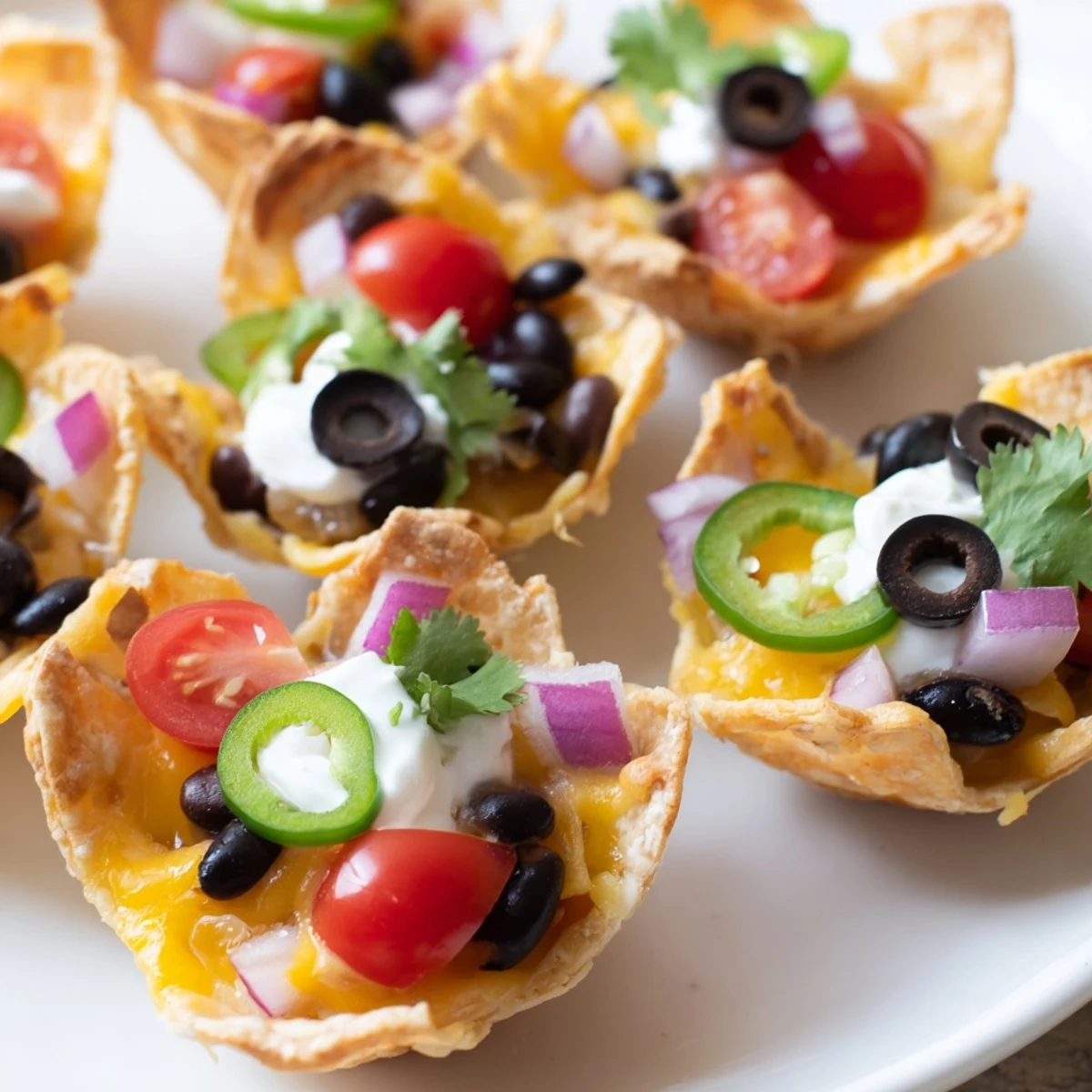 Golden cheesy nacho cups bubbling with melted cheddar and colorful fresh toppings in muffin tin