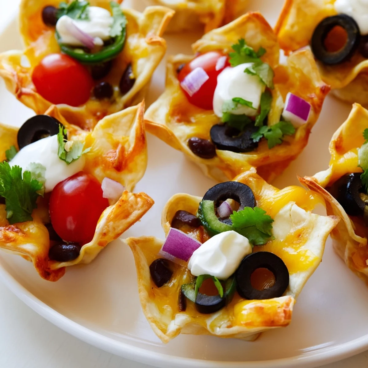 Crispy tortilla cups overflowing with gooey Monterey Jack cheese, black beans, and zesty garnishes
