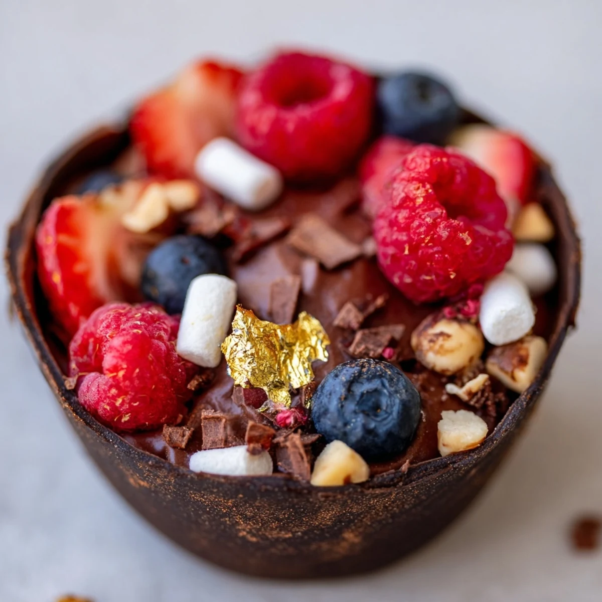 Elegant chocolate dessert cups layered with creamy mousse nuts and jewel toned berries