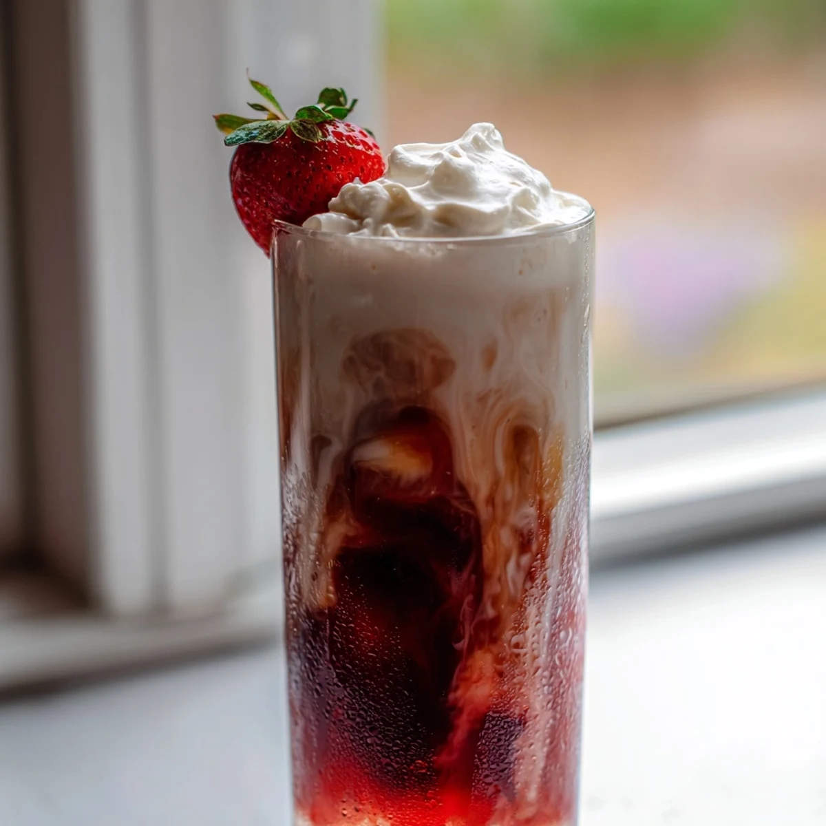 Creamy strawberry cold latte in a tall glass with swirled pink layers and ice