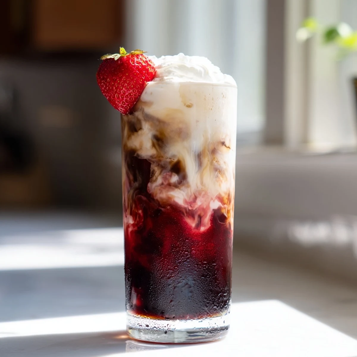 Iced strawberry cream latte topped with fluffy whipped cream and fresh berry garnish