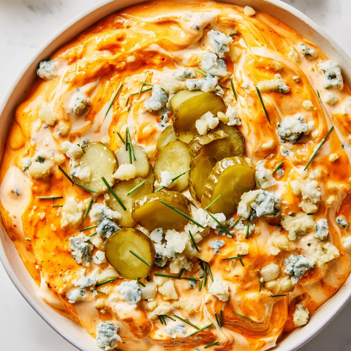 Tangy buffalo pickle dip topped with chopped chives and pickle slices ready for party snacking