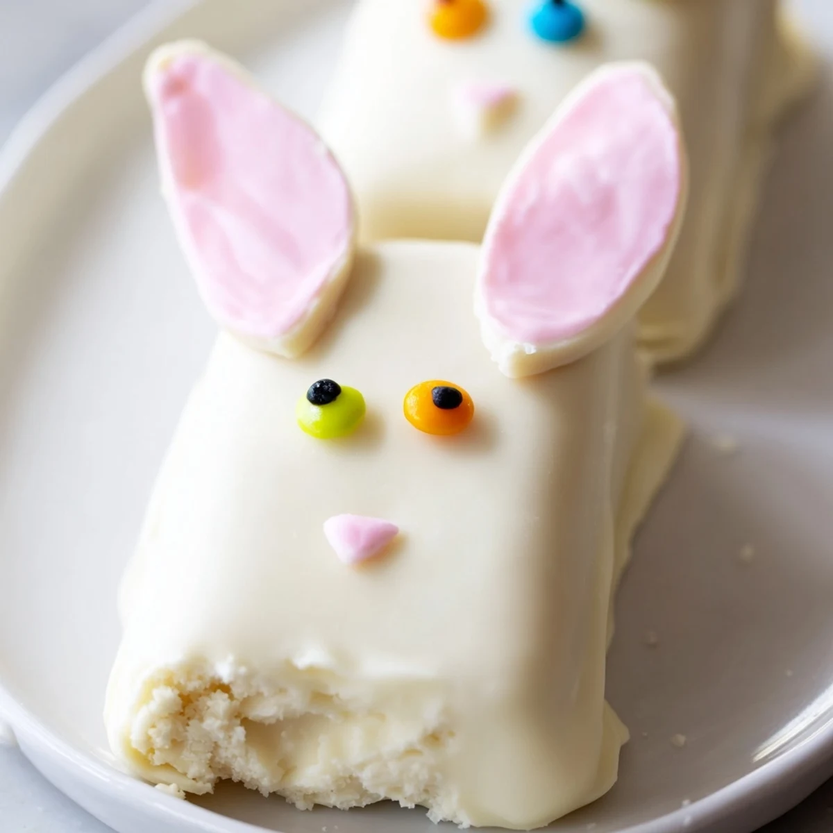 Adorable white chocolate bunny cakesicles with candy eyes and pink ears on sticks