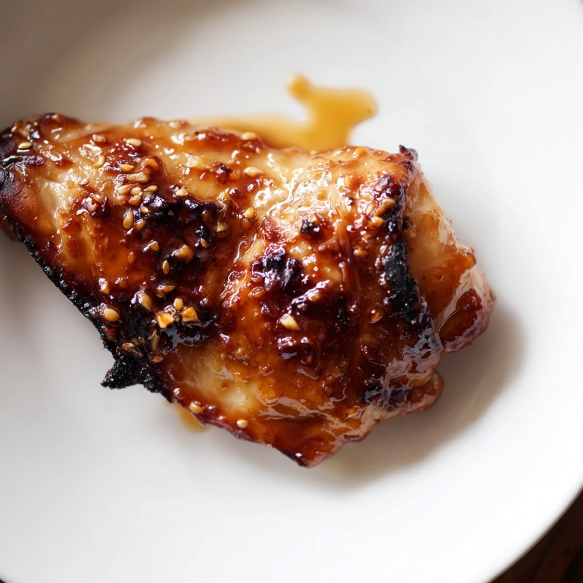 Glossy savory glazed chicken with herb rice and golden crispy potatoes on a white plate