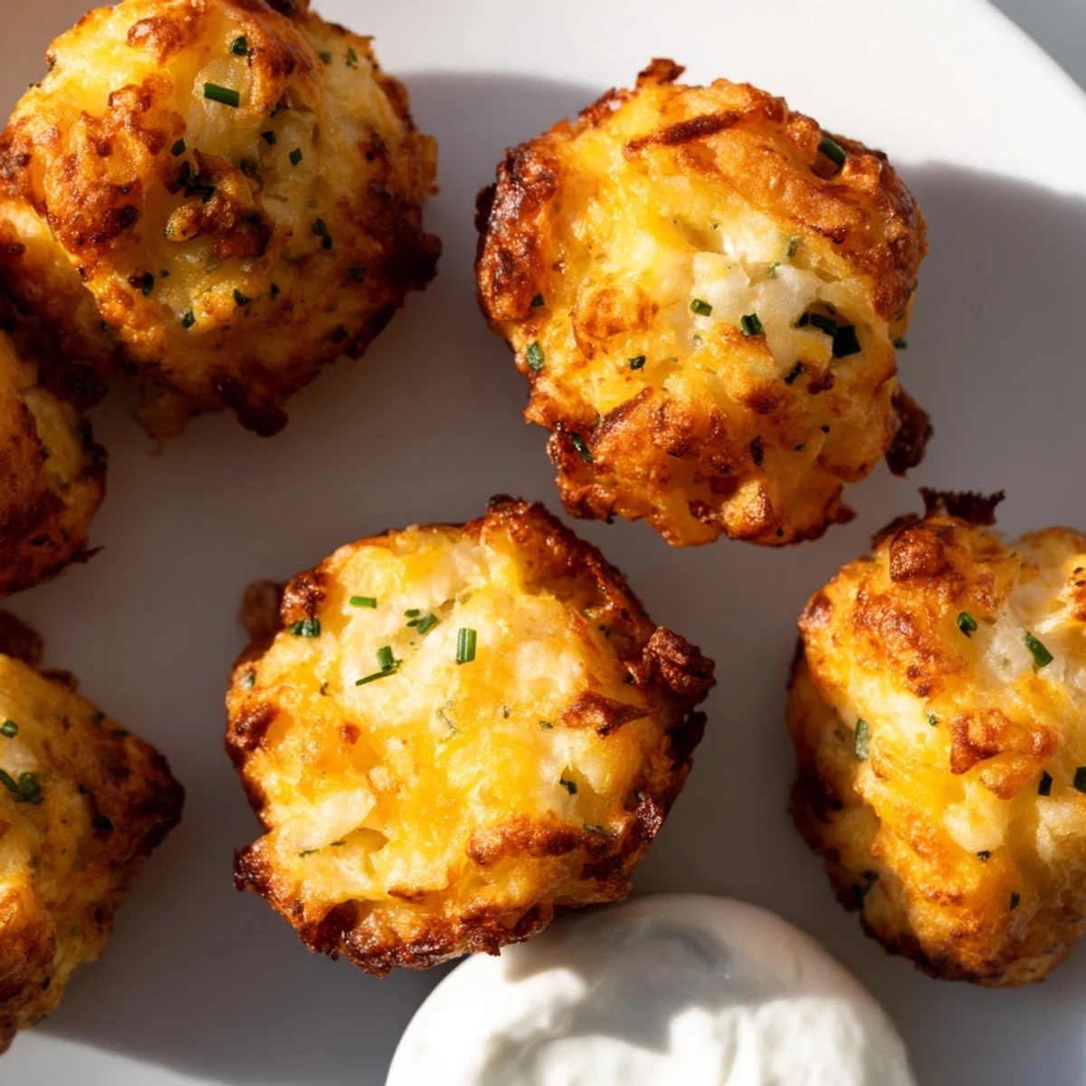 Golden Mashed Potato Cheese Puffs arranged on a baking sheet with crispy edges and melty cheese