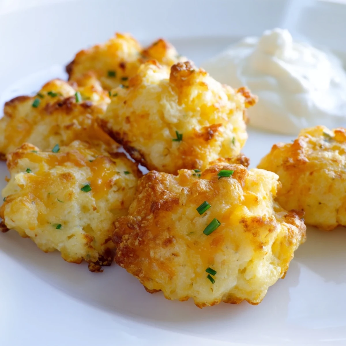 Spoonful of Mashed Potato Cheese Puffs with chives showing fluffy centers and sharp cheddar pockets