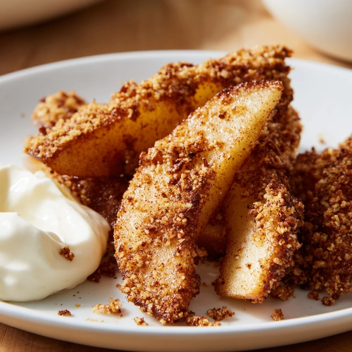 Golden crispy air fryer apple slices with cinnamon sugar coating on a white plate