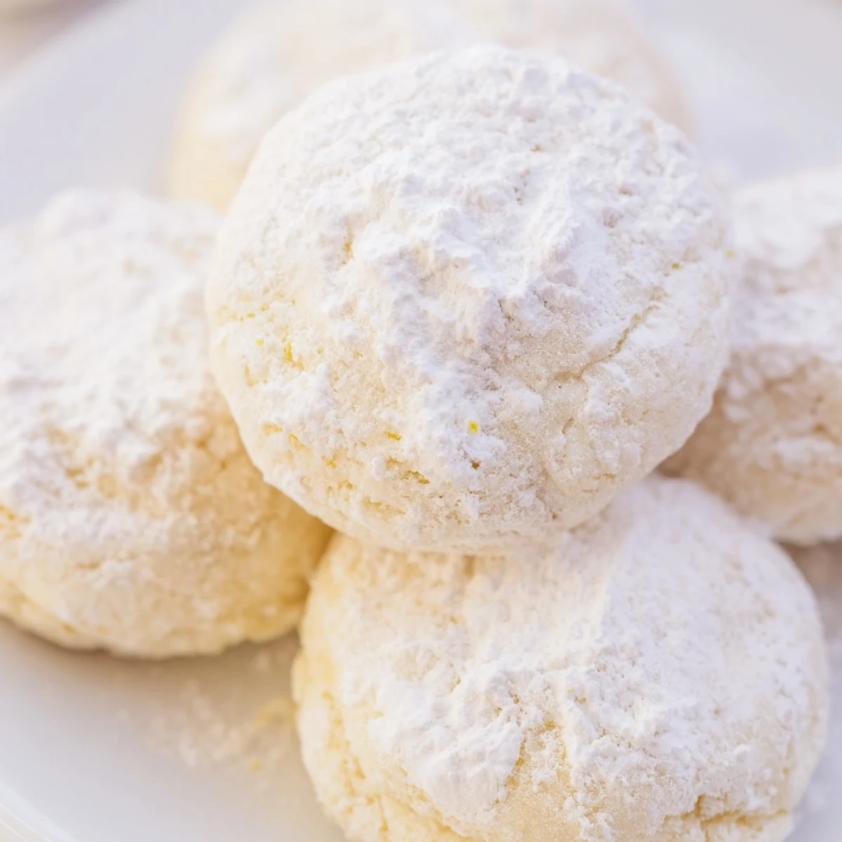 Powdered sugar dusted lemon meltaways arranged on a rustic white serving plate