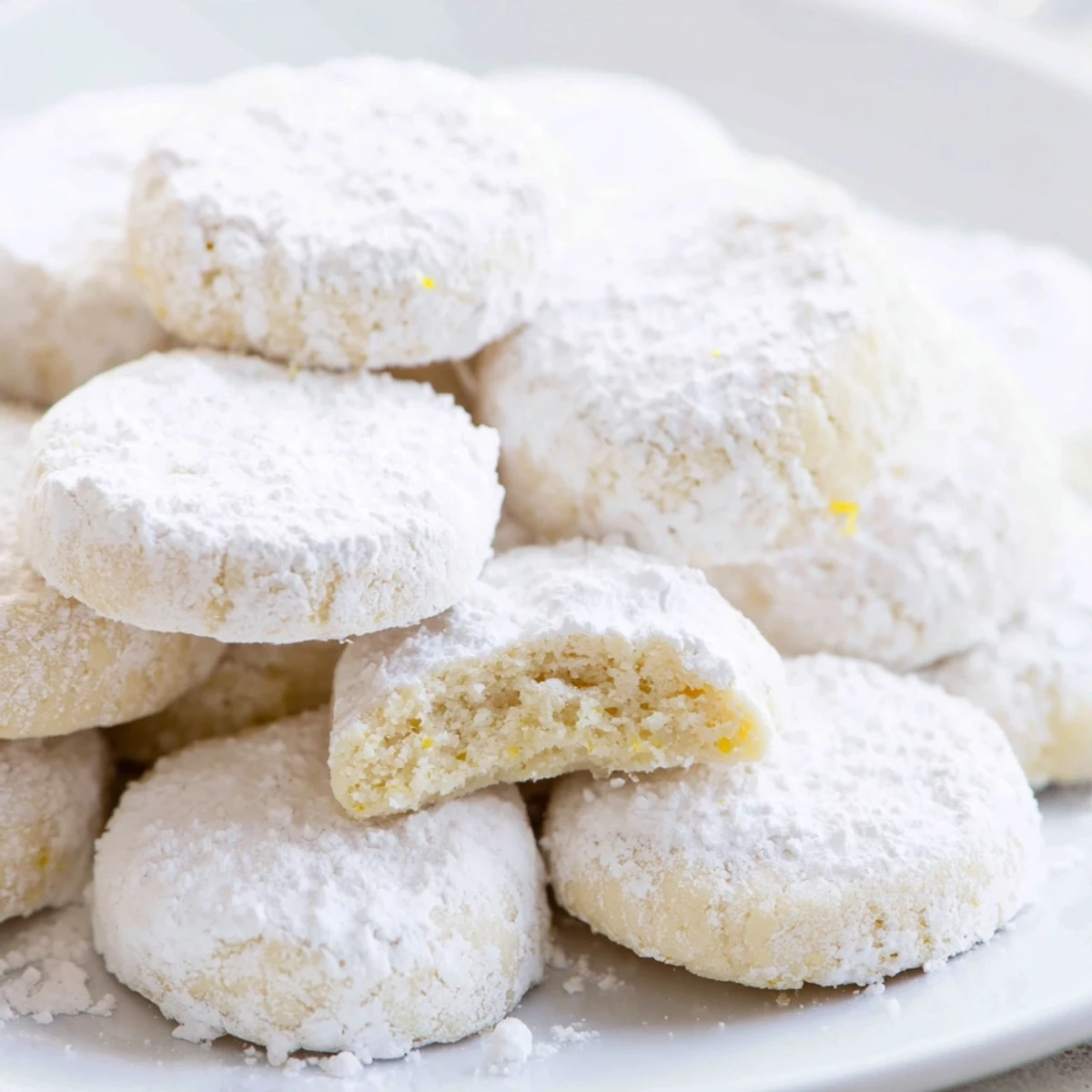 Melt in your mouth lemon meltaways stacked beside a cup of tea