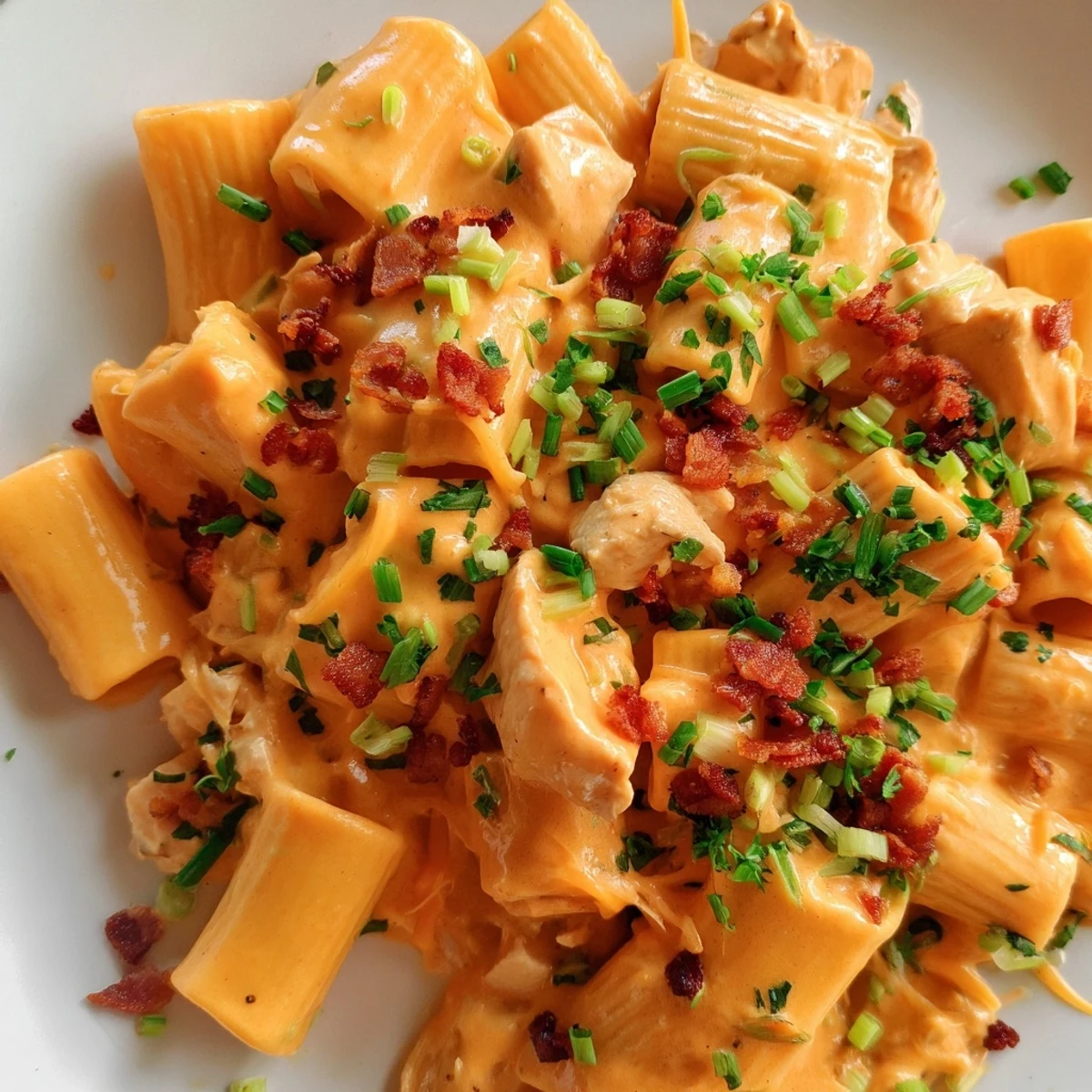 Creamy crack chicken pasta topped with crispy beef bacon and fresh green herbs in white bowl
