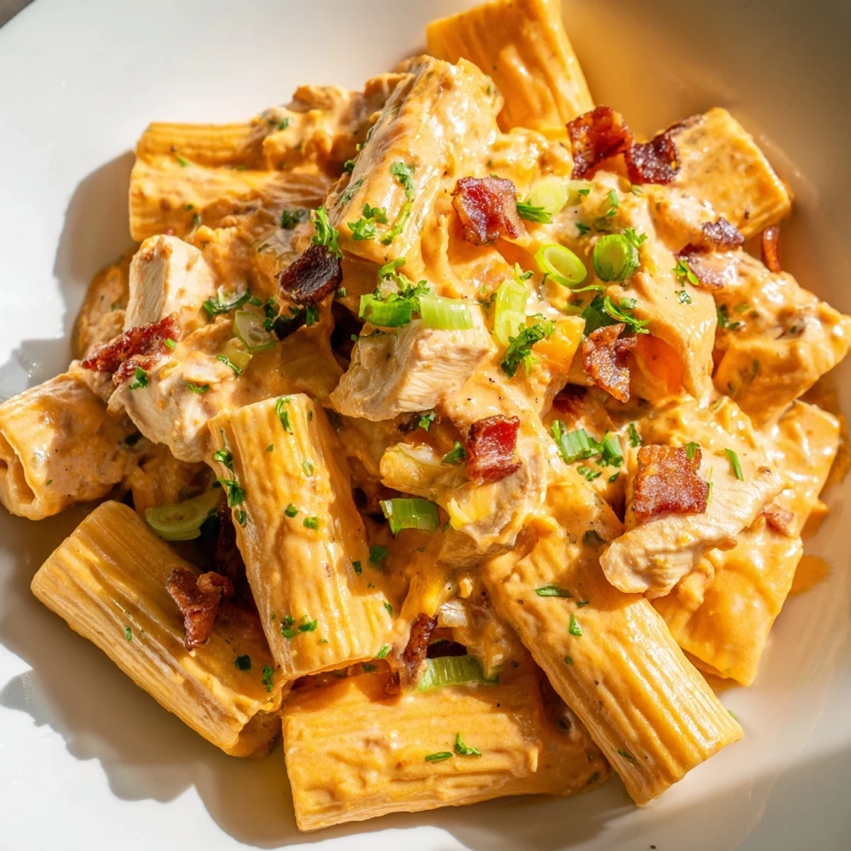 Golden tender chicken pieces coated in rich creamy crack chicken pasta sauce with melted cheddar cheese