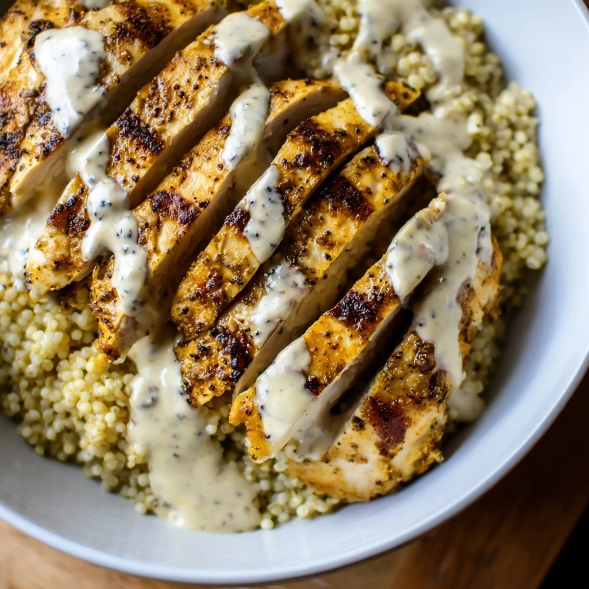 Golden Mediterranean chicken couscous bowl topped with fresh vegetables and creamy tahini drizzle