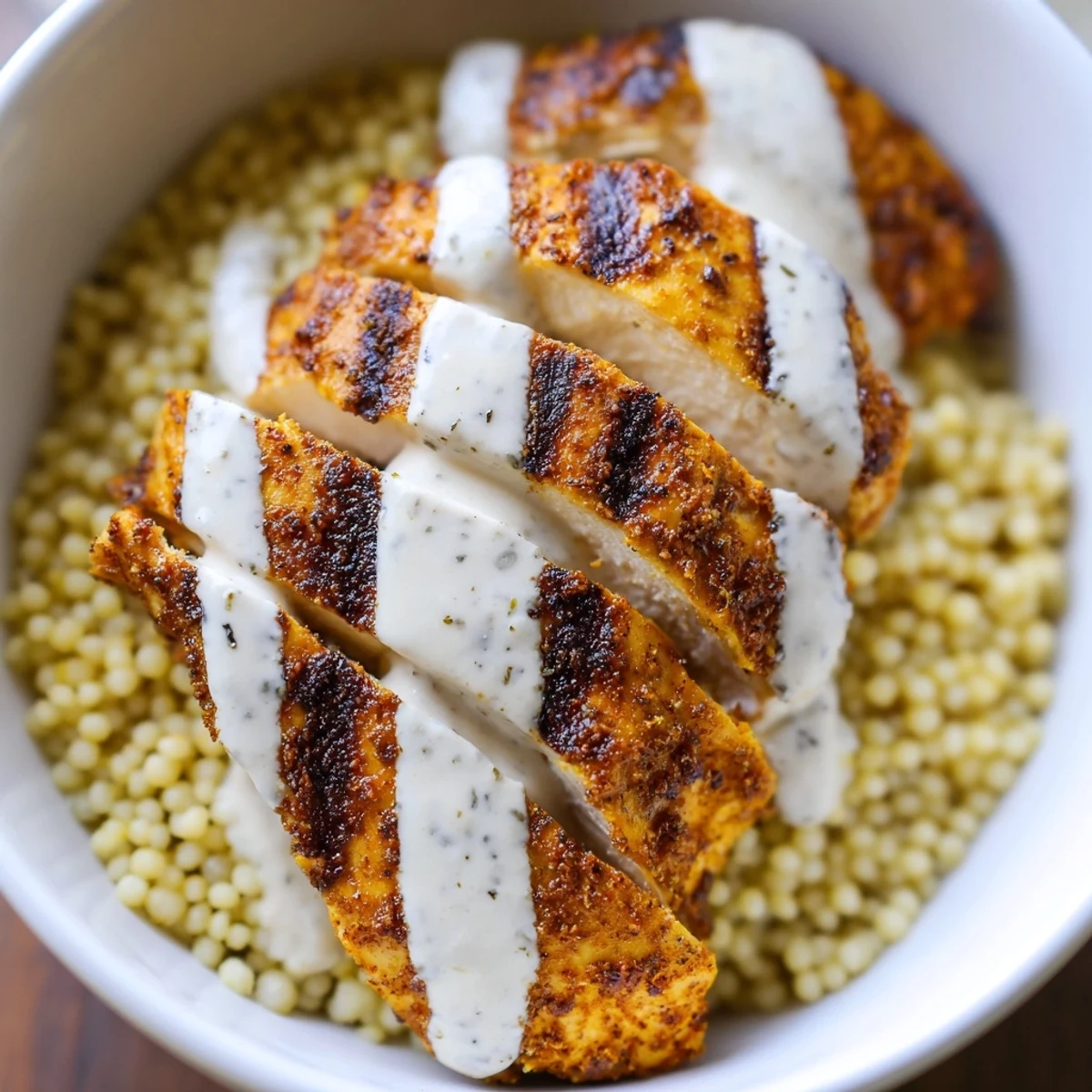 Fluffy couscous paired with spiced chicken cherry tomatoes olives and zesty lemon sauce