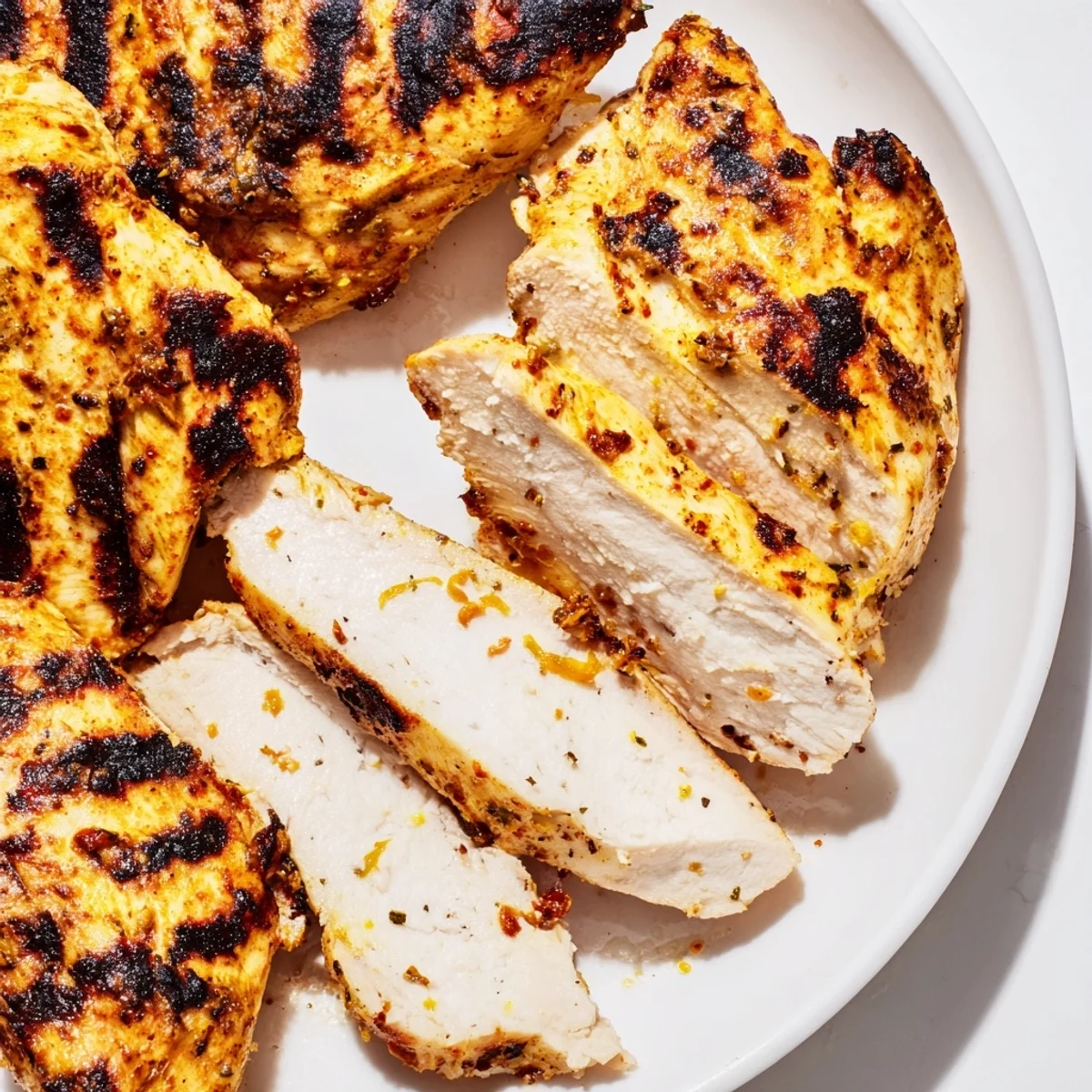 Golden grilled Greek yogurt marinated chicken with char marks and fresh parsley garnish