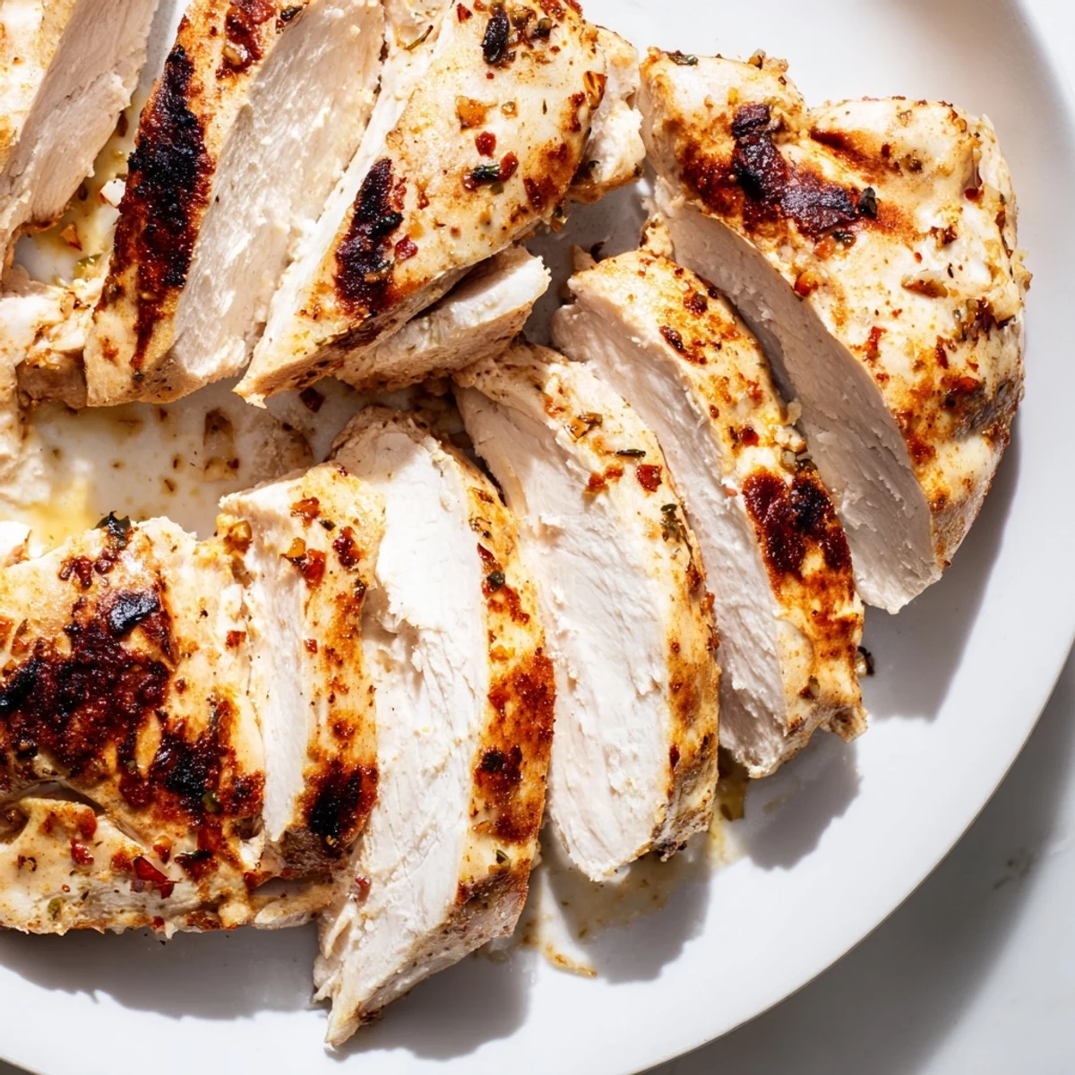 Juicy sliced Greek yogurt marinated chicken breast on a white plate with lemon wedges