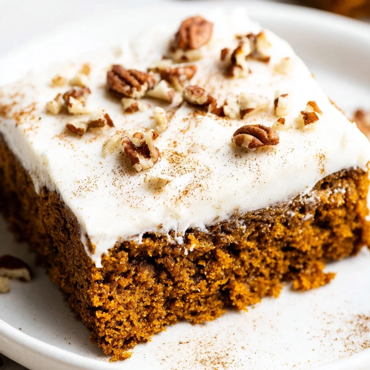 Cream cheese frosted pumpkin bars sliced into neat golden squares on a rustic baking sheet