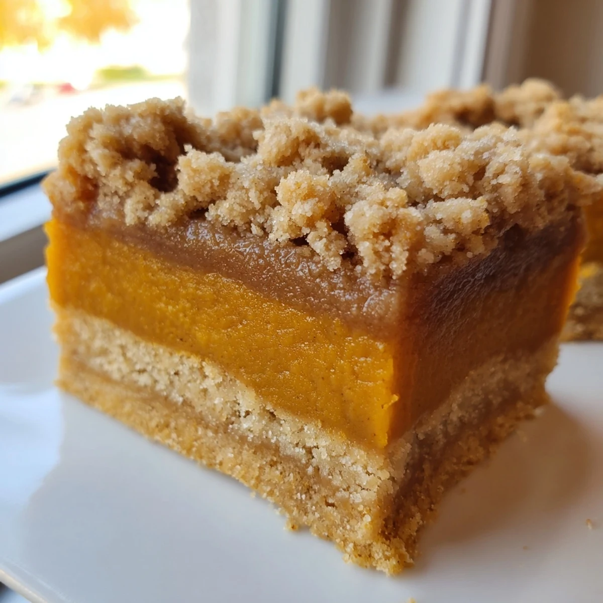 Creamy Brown Sugar Maple Pumpkin Butter Bars sliced into squares beside a steaming mug