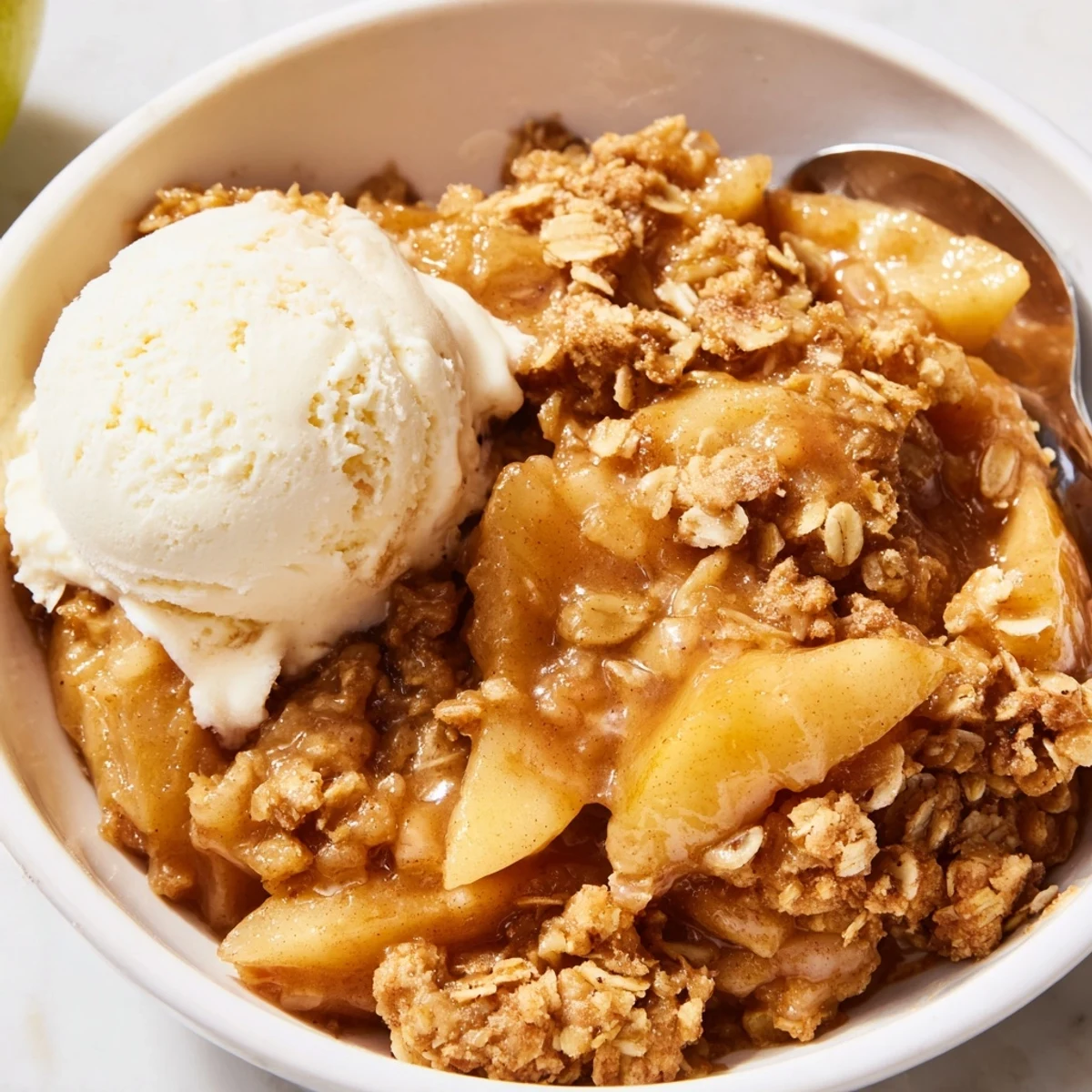 Warm Crockpot Apple Crisp served in a bowl with melting vanilla ice cream on top