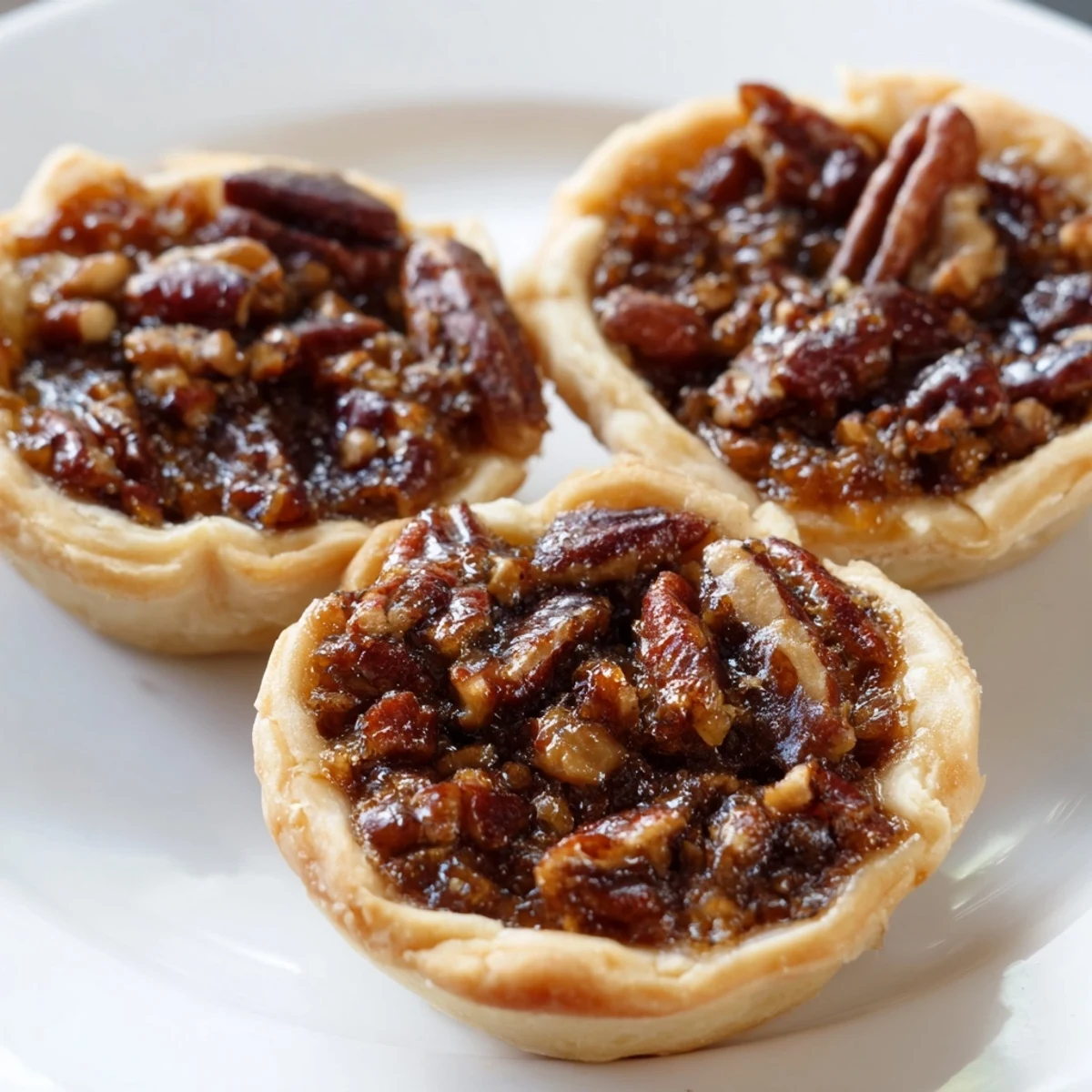 Warm mini pecan pies fresh from the oven with toasted nut tops
