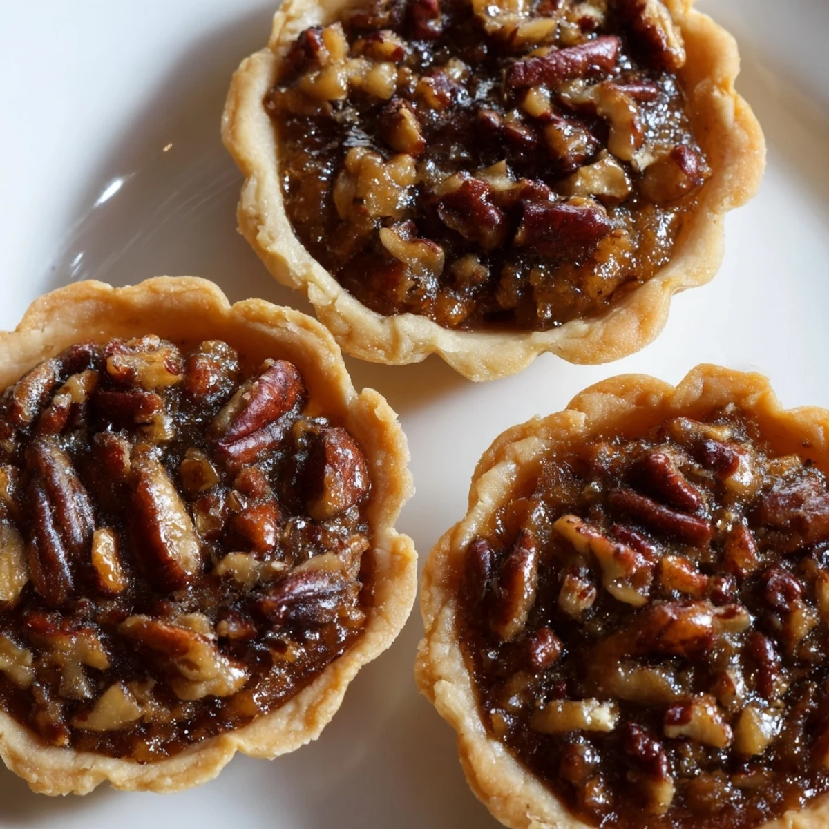 Golden mini pecan pies with caramelized filling baked in flaky butter crusts