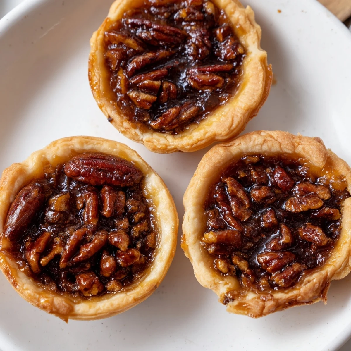 Bite-sized mini pecan pies arranged on a platter topped with whipped cream