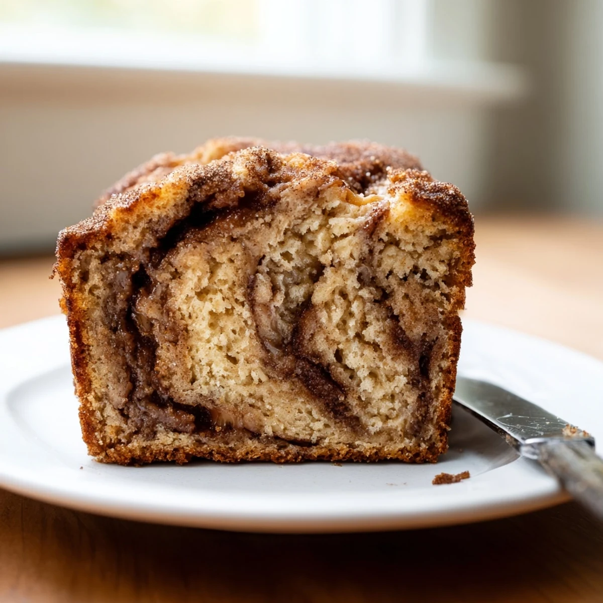 Golden snickerdoodle banana bread sliced on a rustic wood board with a cinnamon-sugar swirl visible inside