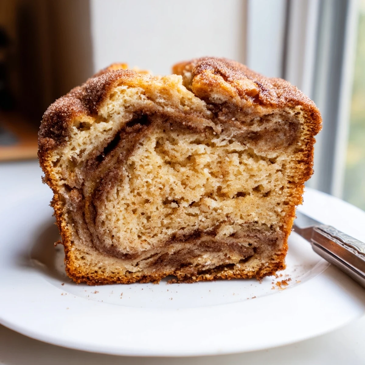 Warm snickerdoodle banana bread loaf topped with a crackly cinnamon sugar crust fresh from the oven