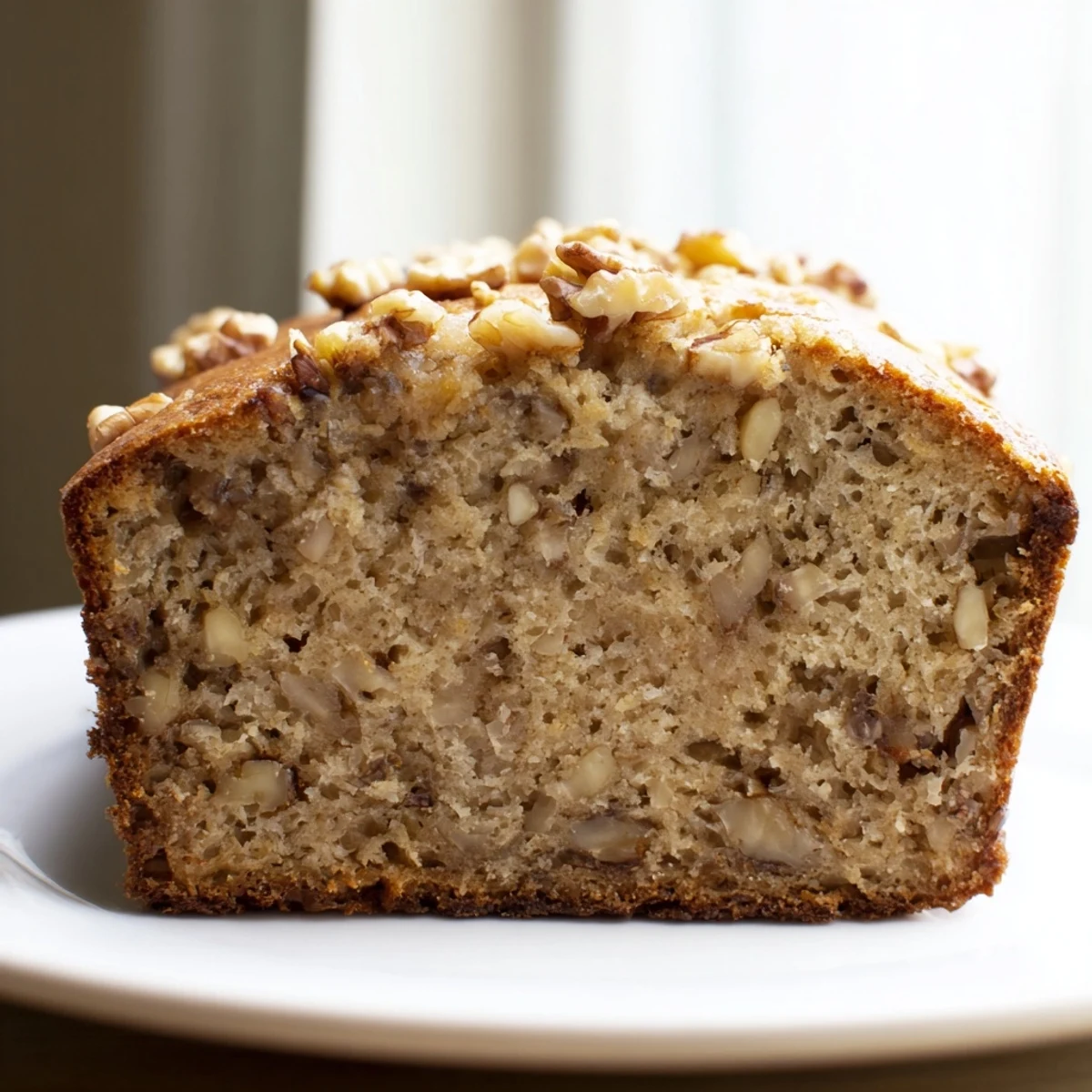 Golden banana nut bread loaf sliced on a rustic wooden cutting board