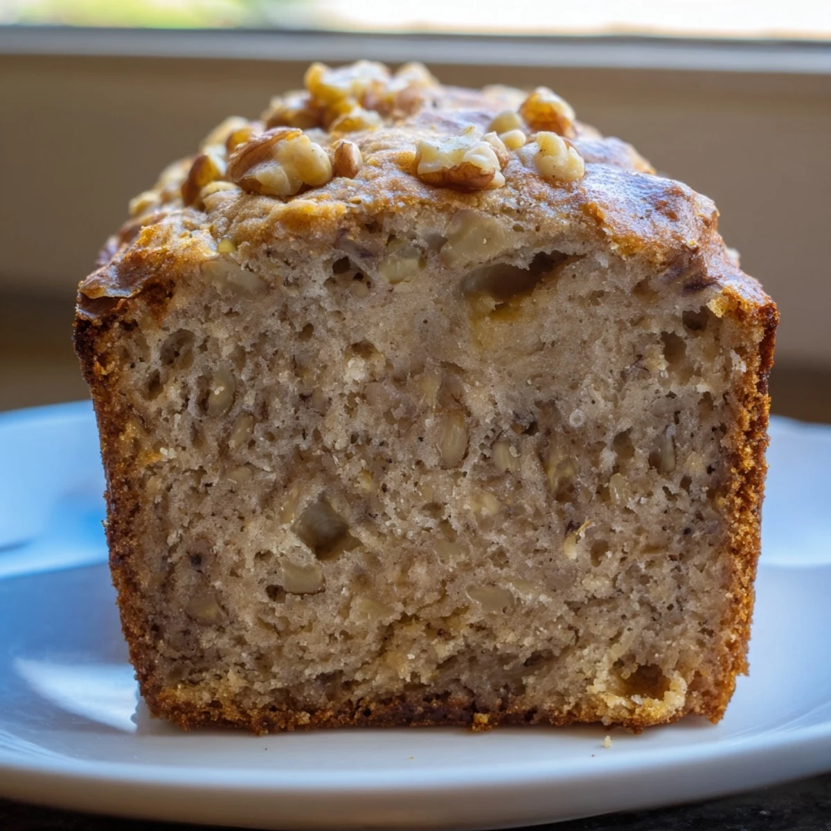 Moist banana nut bread topped with crunchy walnuts on a white plate