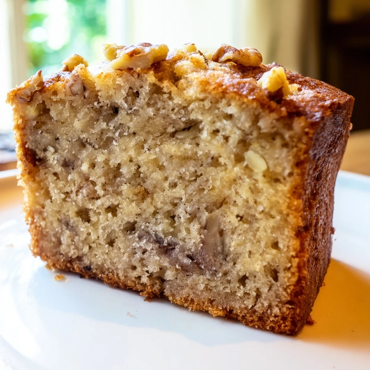 Warm banana nut bread with a pat of melting butter on parchment