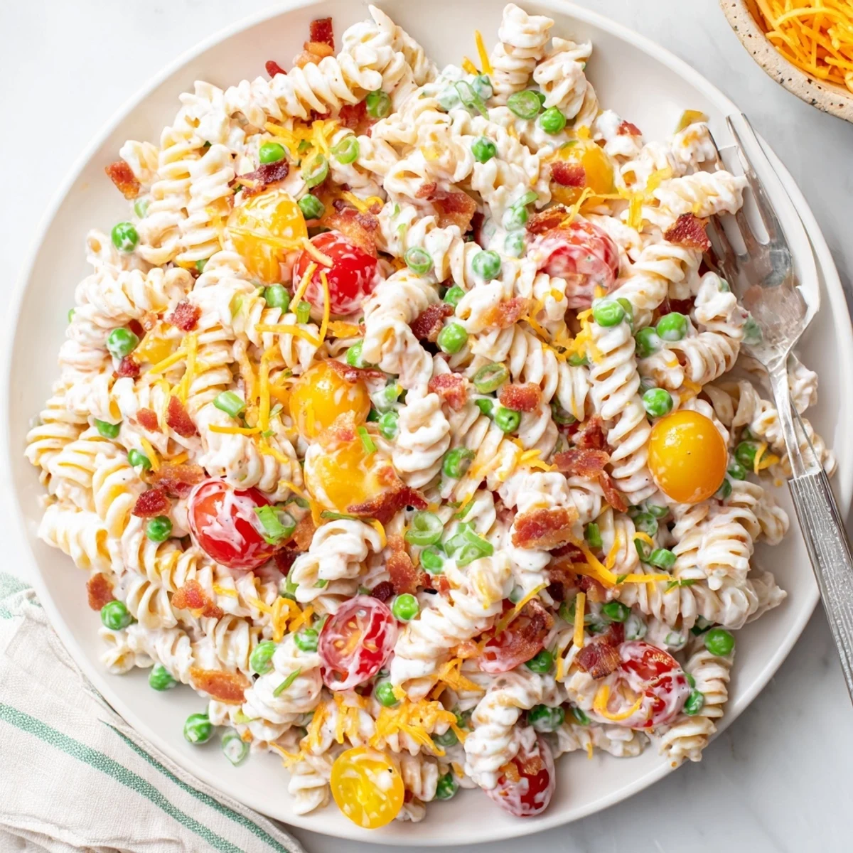 Creamy ranch-coated crack pasta salad topped with crispy bacon bits and green onions