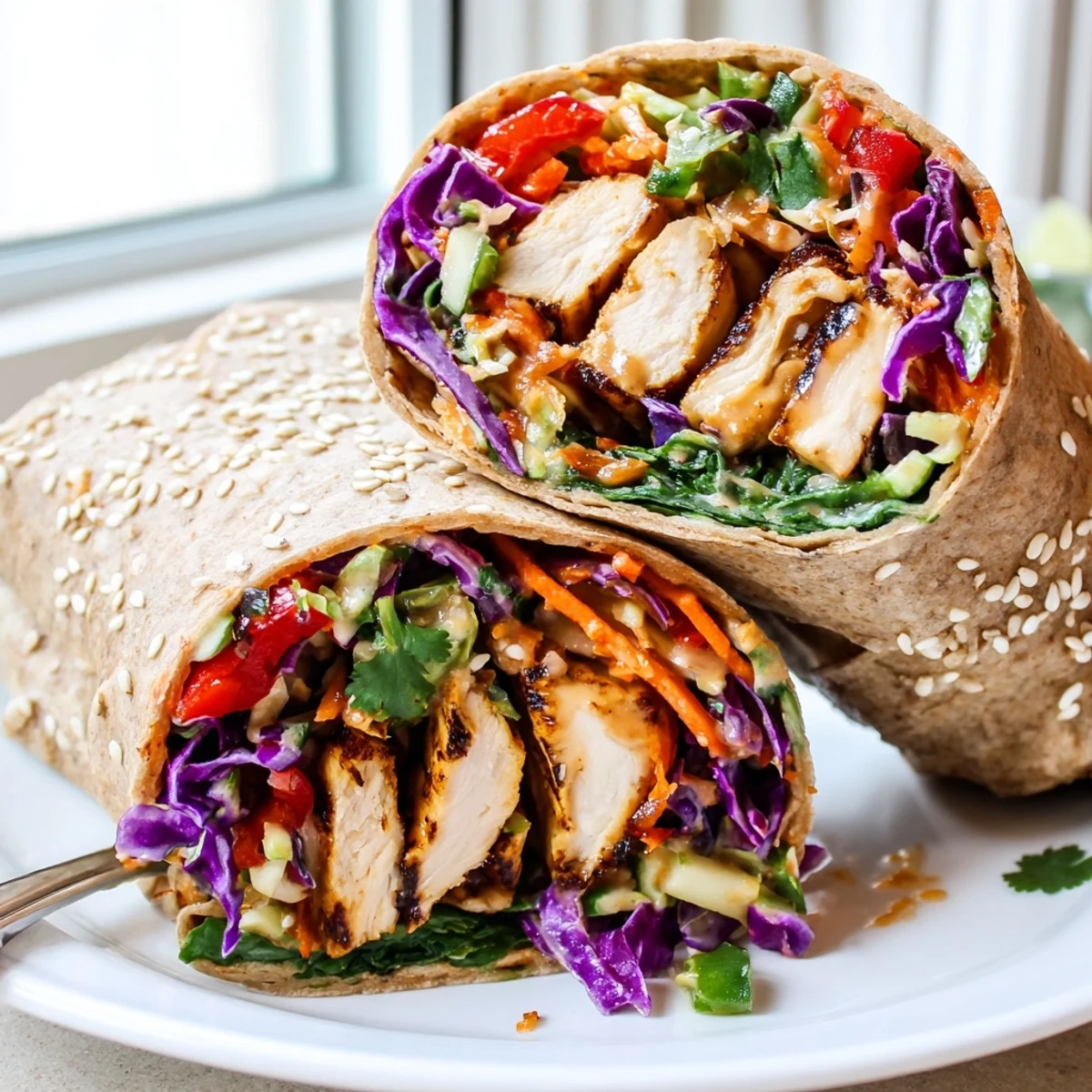 Juicy sliced Thai chicken wraps with crunchy Asian slaw inside warm tortillas