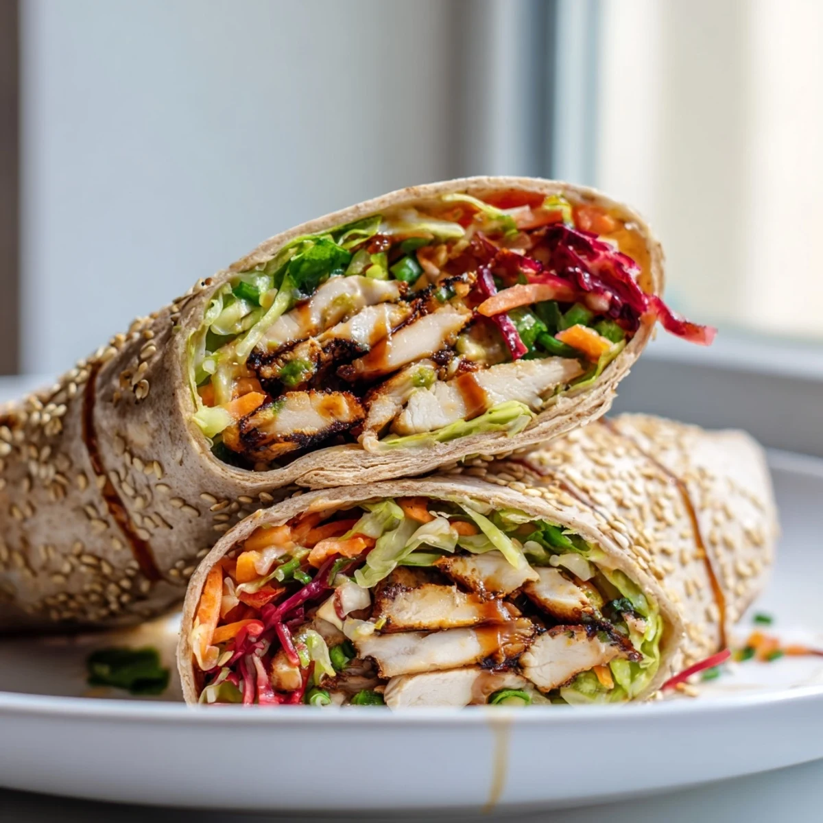 Thai chicken wraps rolled with crisp red cabbage slaw and sesame seeds