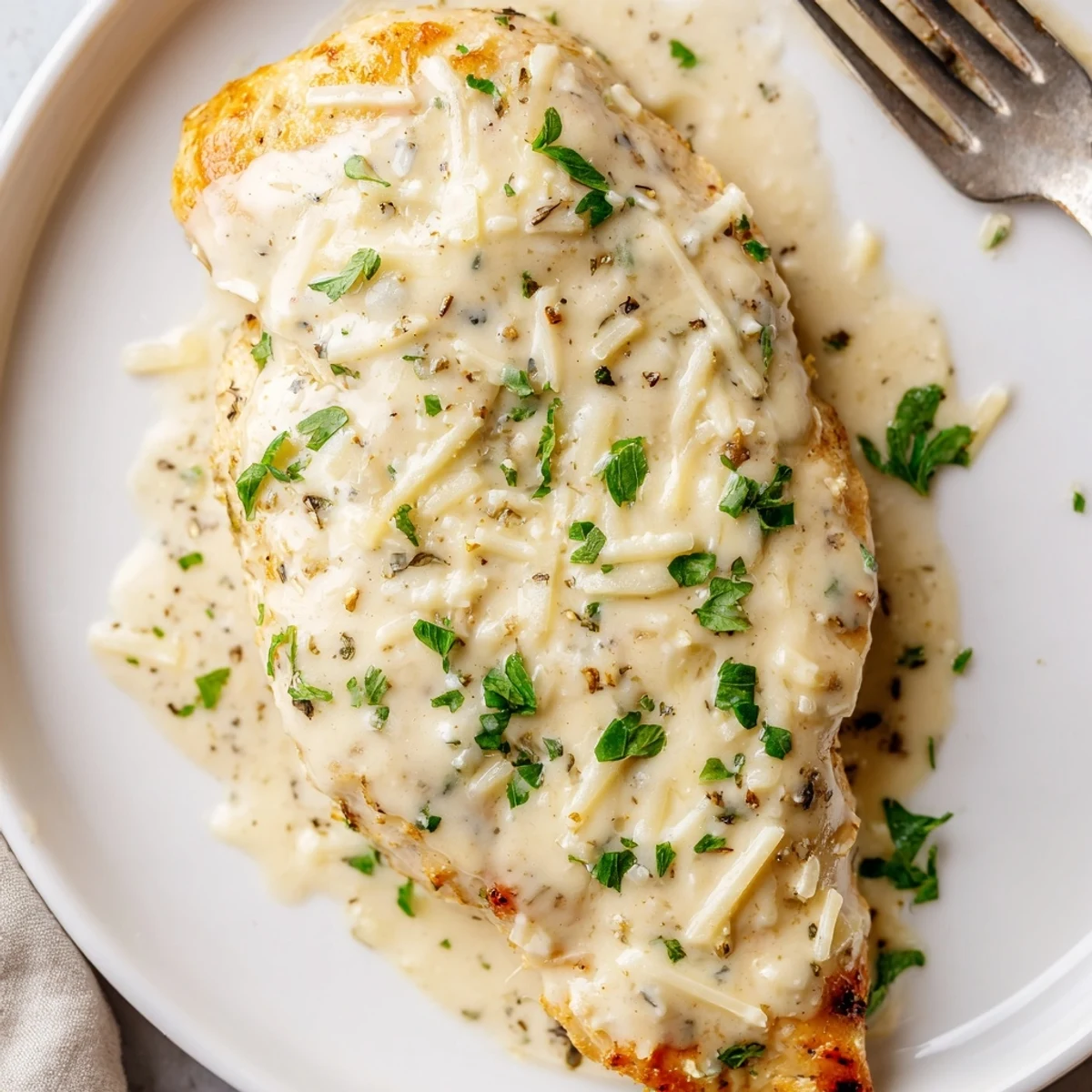Oven-baked Caesar Chicken Recipe served hot with lemon squeeze and parsley