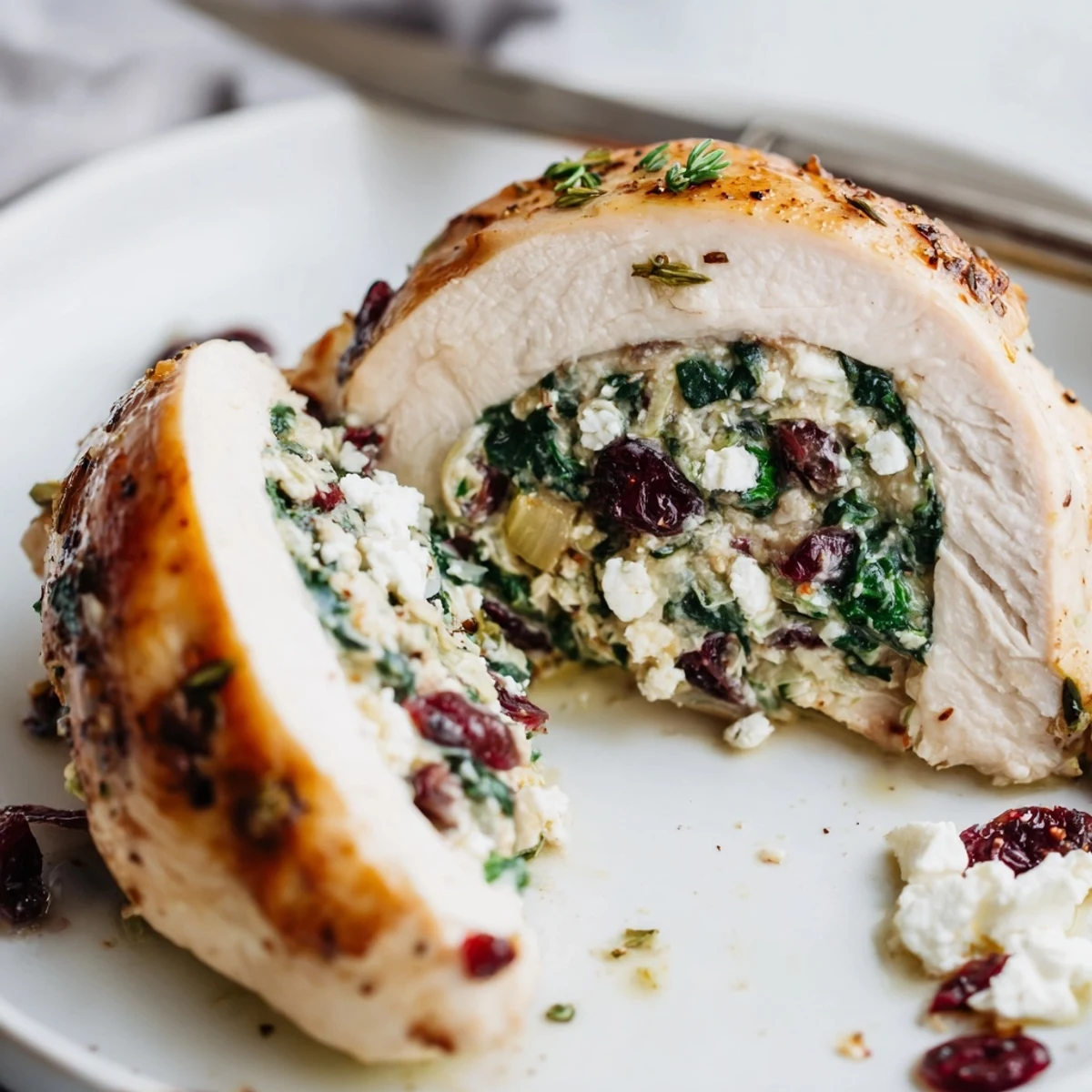 Golden-baked Cranberry Spinach Stuffed Chicken Breasts with creamy, tart cranberry filling