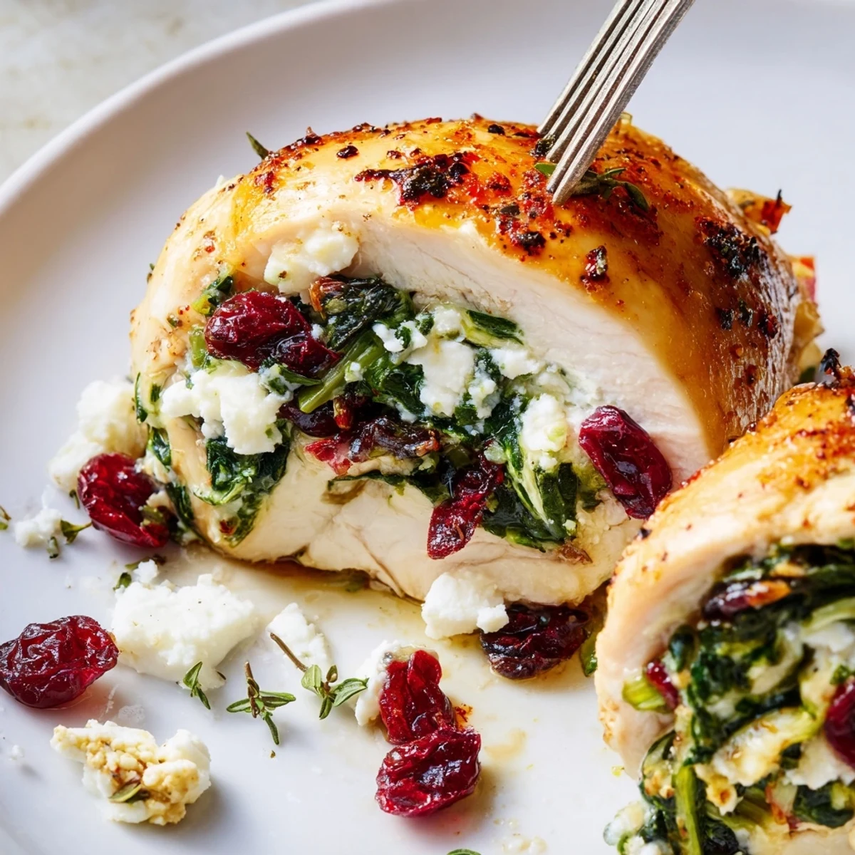 Sliced Cranberry Spinach Stuffed Chicken Breasts showing creamy spinach, feta, and tart cranberries