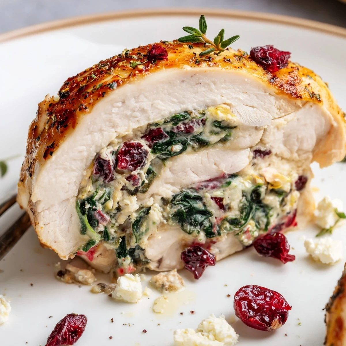 Juicy Cranberry Spinach Stuffed Chicken Breasts resting on roasted vegetables, aromatic garlic