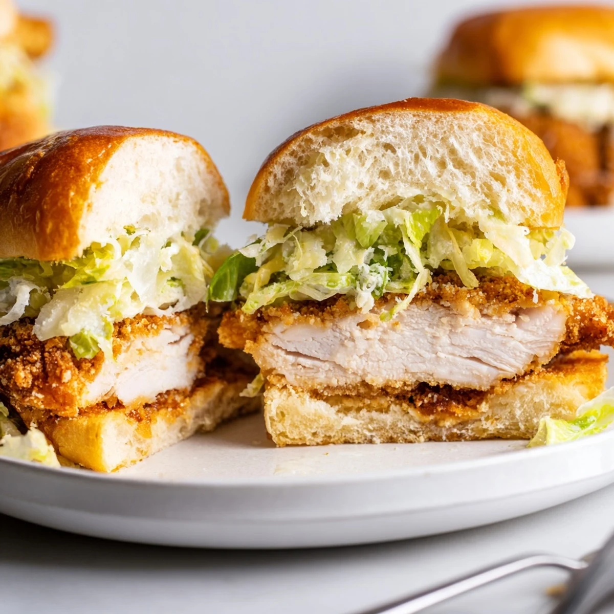 Toasted brioche Crispy Chicken Caesar Sandwich layered with creamy dressing and shaved Parmesan