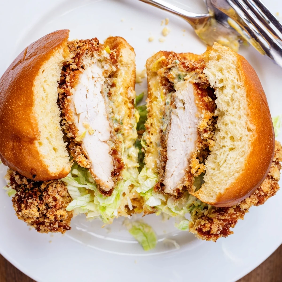 Crispy Chicken Caesar Sandwich served hot from skillet, lemon wedge optional