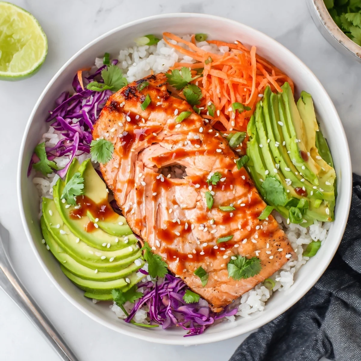 Bang Bang Salmon Bowls Recipe with roasted salmon, creamy spicy sauce, lime wedges