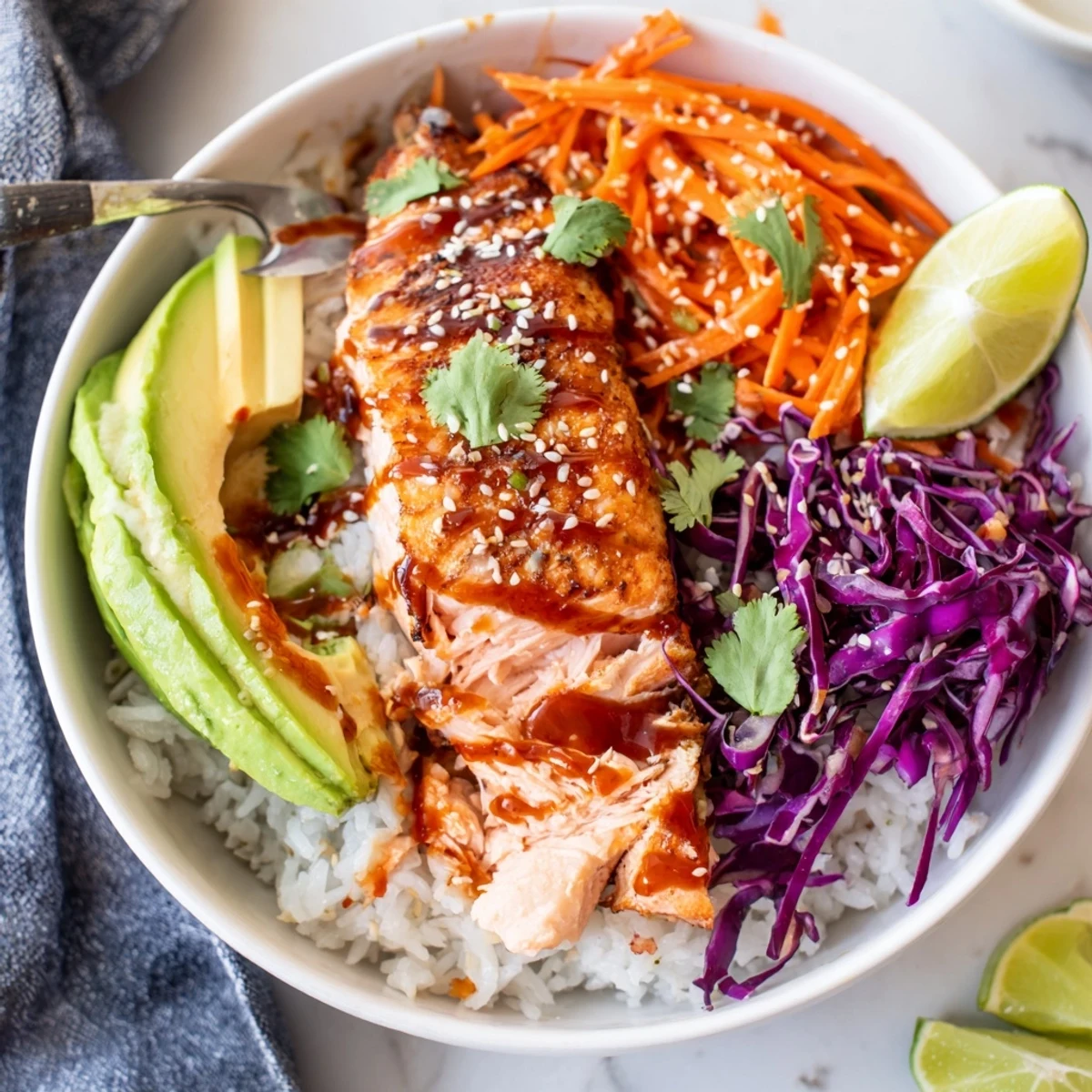Bright Bang Bang Salmon Bowls Recipe served over jasmine rice with avocado
